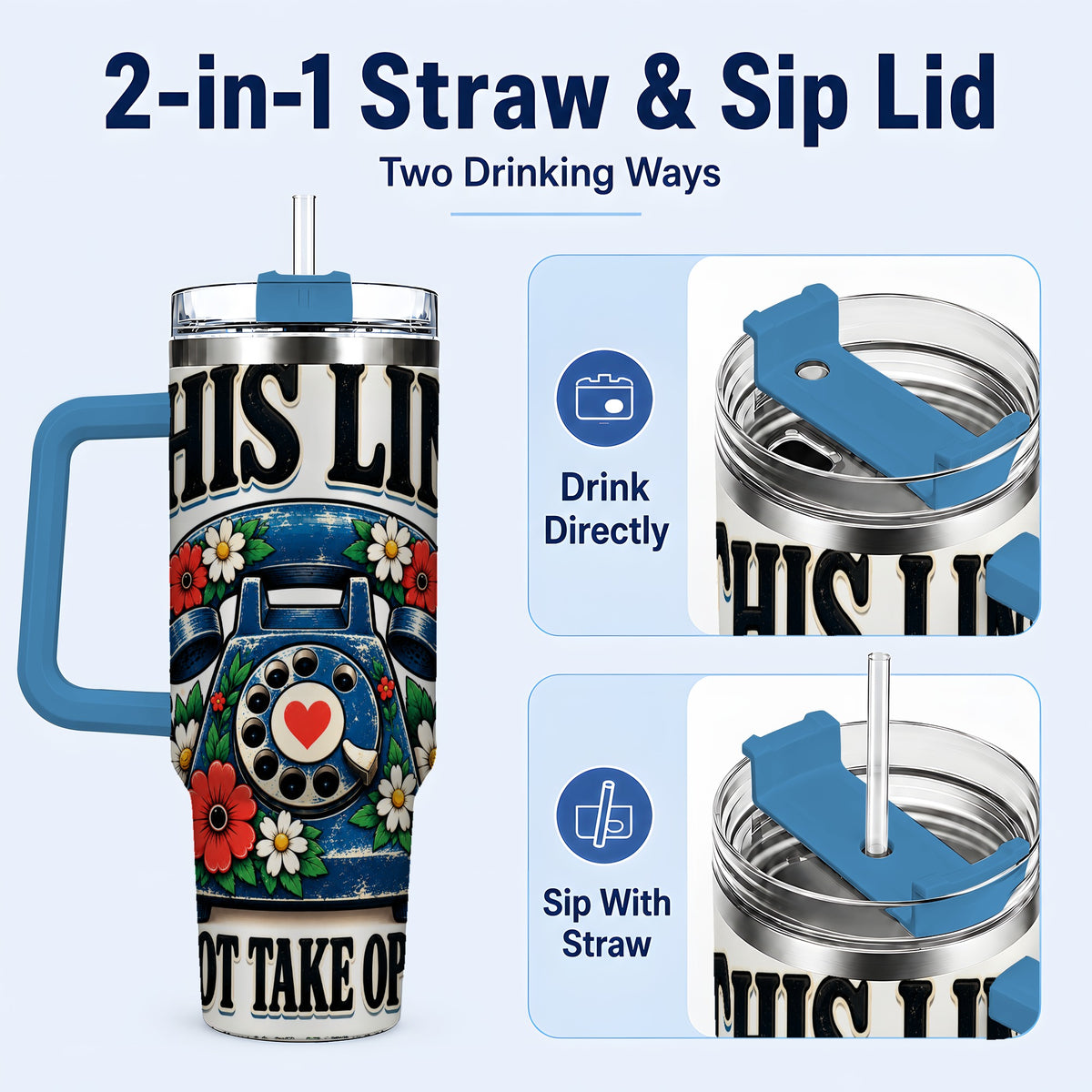 #pl[40oz|Blue] Retro Rotary Phone 40oz Tumbler with Handle, Floral Travel Cup