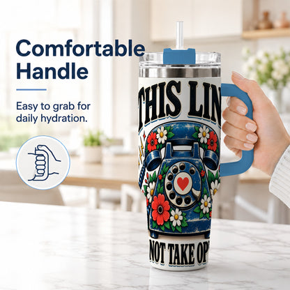 #pl[40oz|Blue] Retro Rotary Phone 40oz Tumbler with Handle, Floral Travel Cup