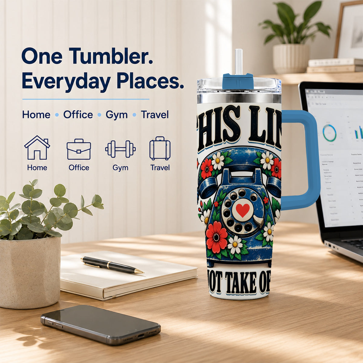 #pl[40oz|Blue] Retro Rotary Phone 40oz Tumbler with Handle, Floral Travel Cup