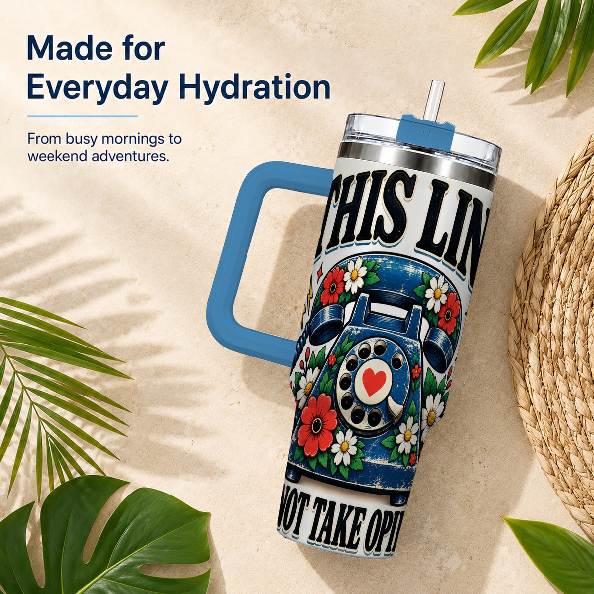 #pl[40oz|Blue] Retro Rotary Phone 40oz Tumbler with Handle, Floral Travel Cup