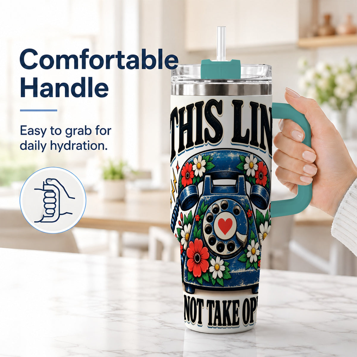 #pl[40oz|Green] Retro Rotary Phone 40oz Tumbler with Handle, Floral Travel Cup