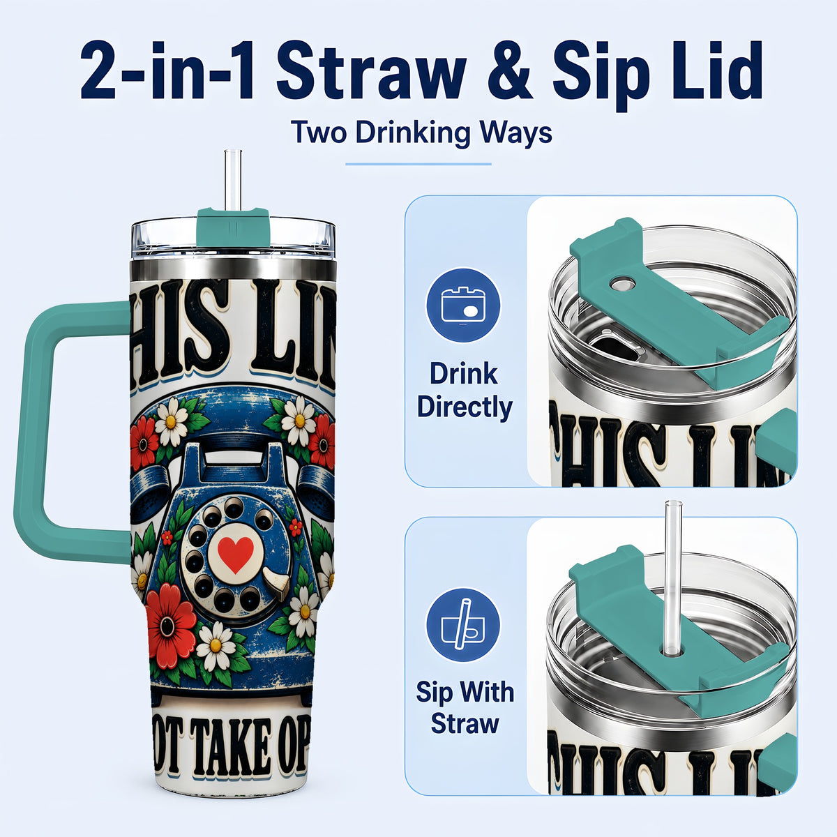 #pl[40oz|Green] Retro Rotary Phone 40oz Tumbler with Handle, Floral Travel Cup
