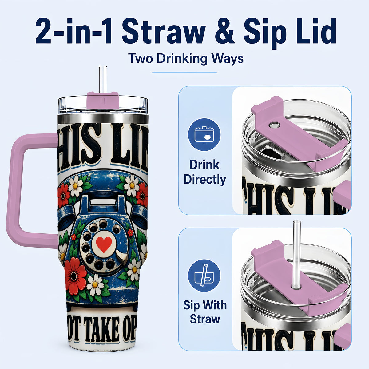 #pl[40oz|Pink] Retro Rotary Phone 40oz Tumbler with Handle, Floral Travel Cup