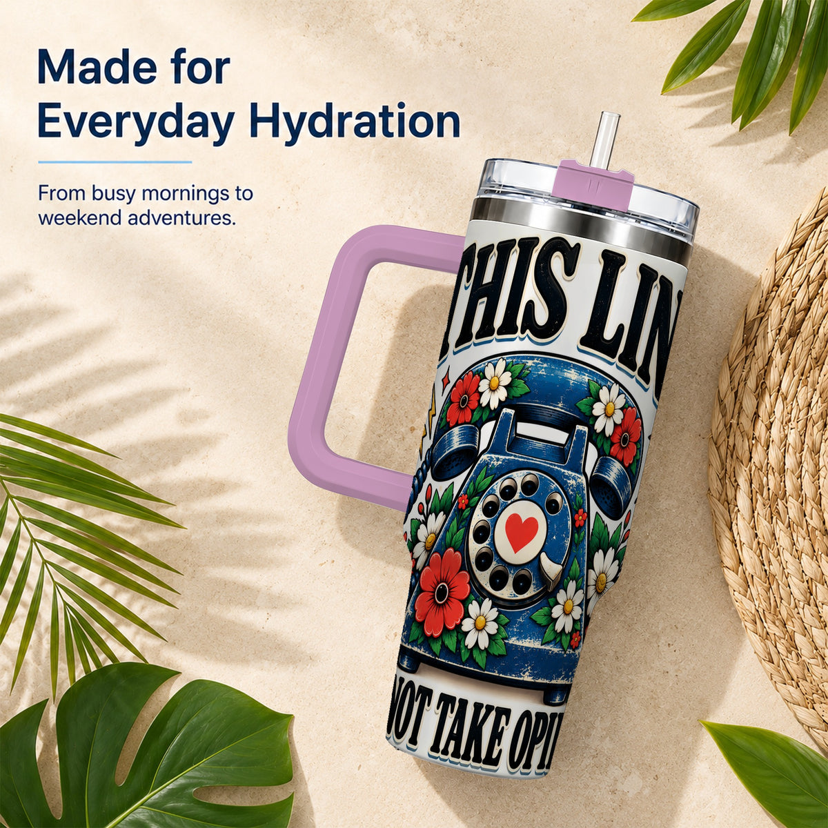 #pl[40oz|Pink] Retro Rotary Phone 40oz Tumbler with Handle, Floral Travel Cup