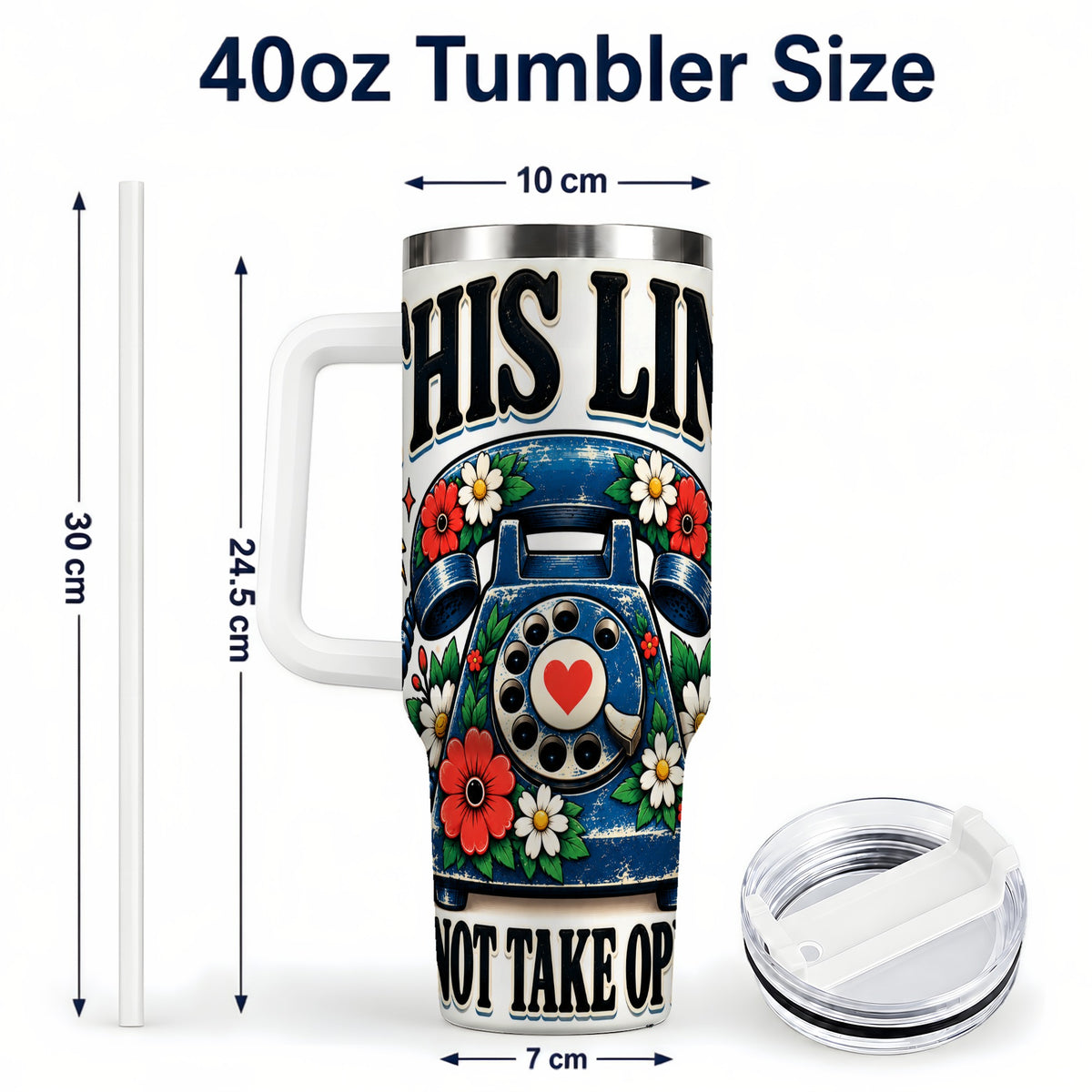 #pl[40oz|White] Retro Rotary Phone 40oz Tumbler with Handle, Floral Travel Cup