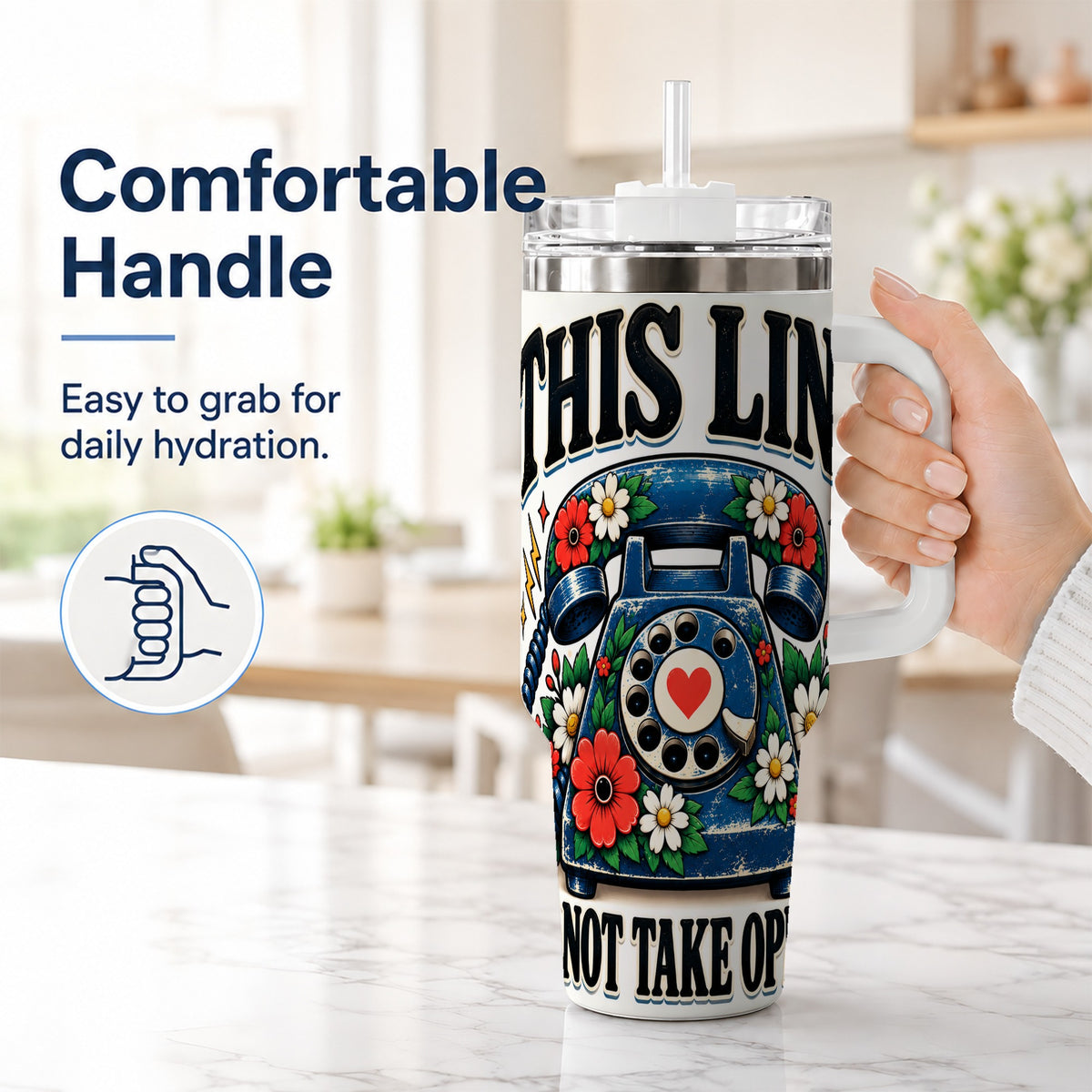 #pl[40oz|White] Retro Rotary Phone 40oz Tumbler with Handle, Floral Travel Cup