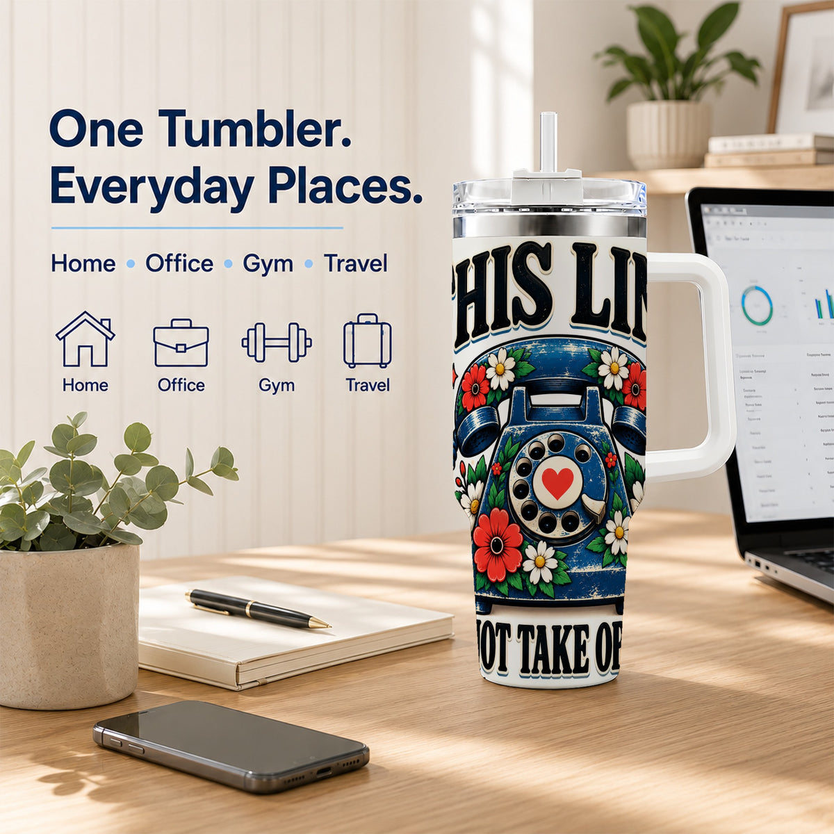 #pl[40oz|White] Retro Rotary Phone 40oz Tumbler with Handle, Floral Travel Cup