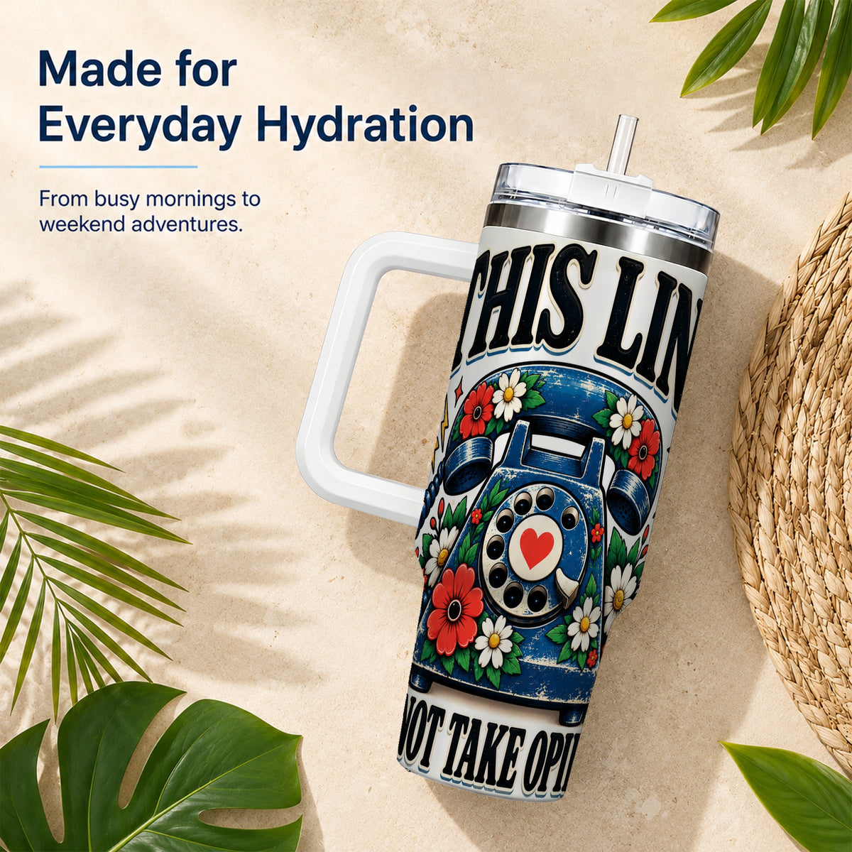 #pl[40oz|White] Retro Rotary Phone 40oz Tumbler with Handle, Floral Travel Cup