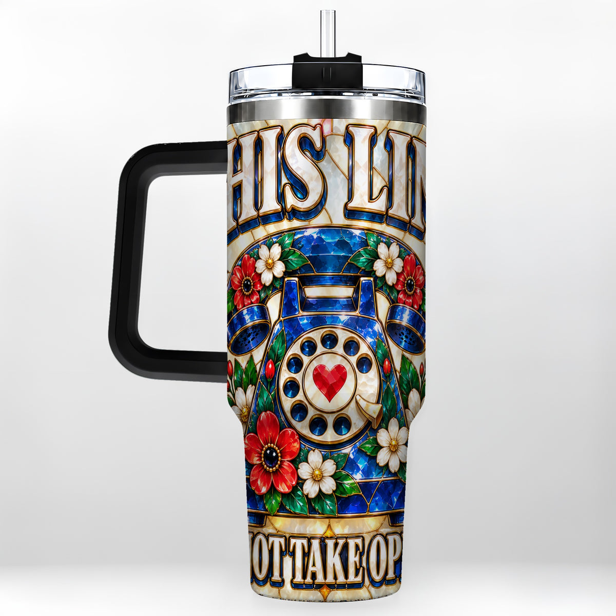 #pl[40oz|Black] Stained Glass Rotary Phone 40oz Tumbler with Handle, Floral Travel Cup