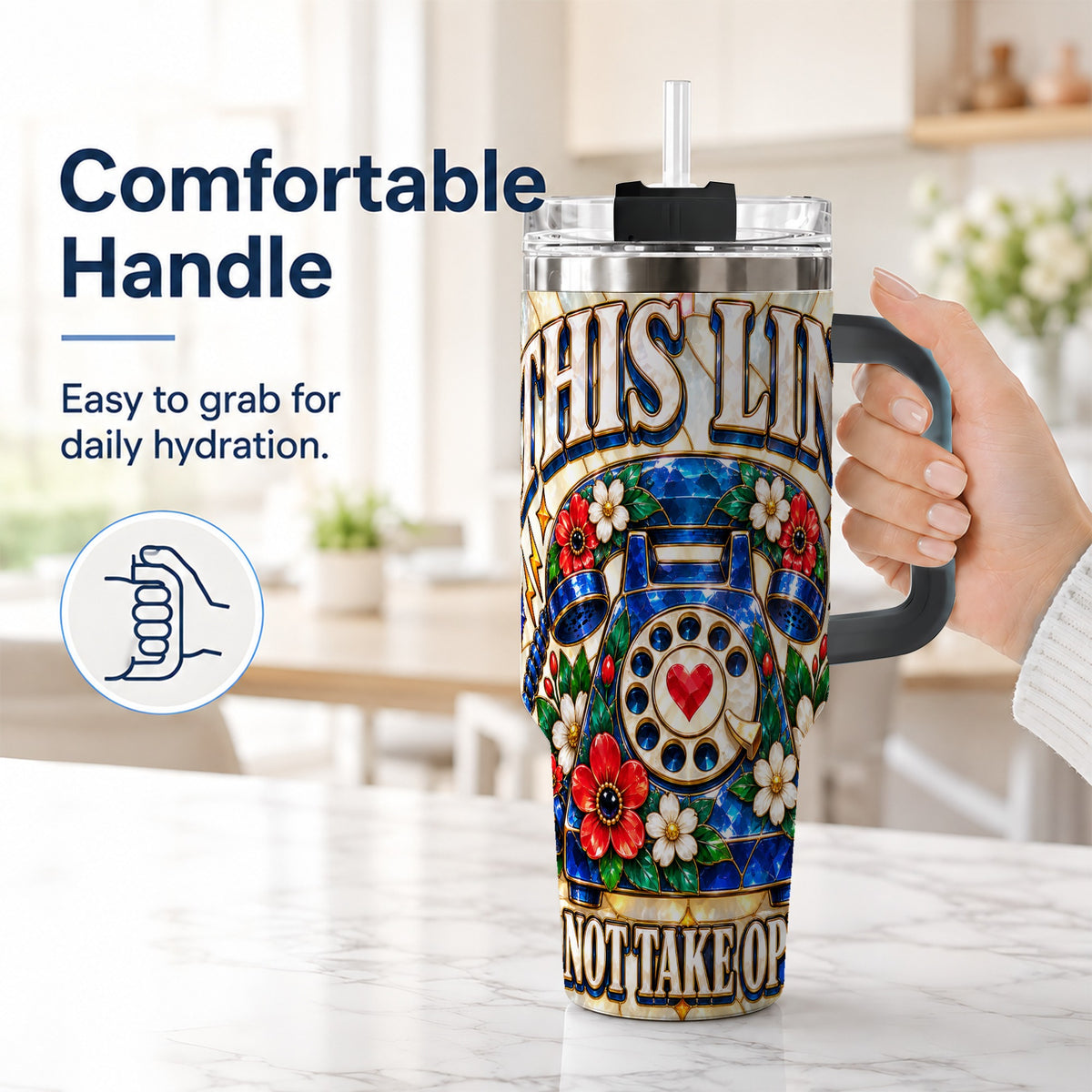 #pl[40oz|Black] Stained Glass Rotary Phone 40oz Tumbler with Handle, Floral Travel Cup
