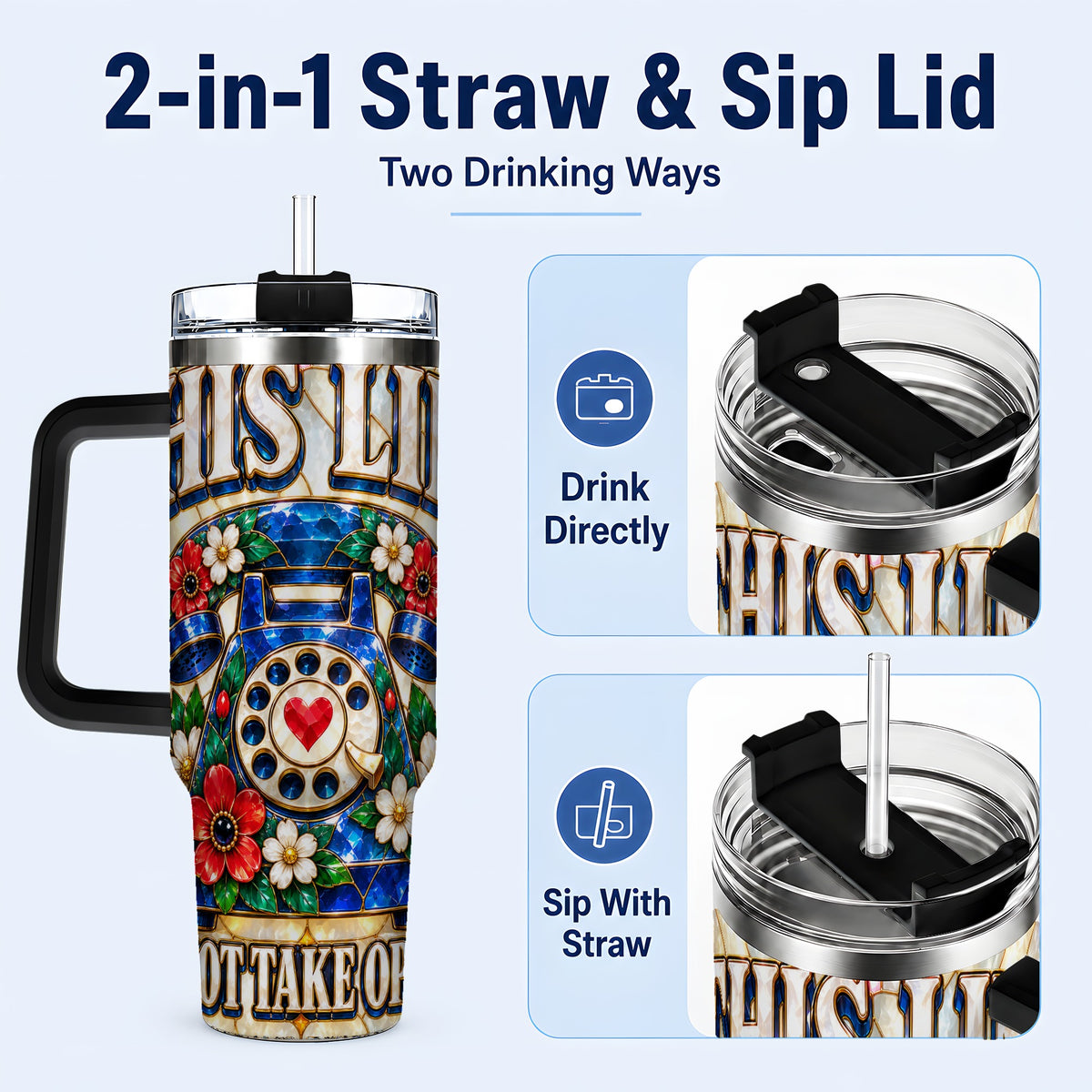 #pl[40oz|Black] Stained Glass Rotary Phone 40oz Tumbler with Handle, Floral Travel Cup