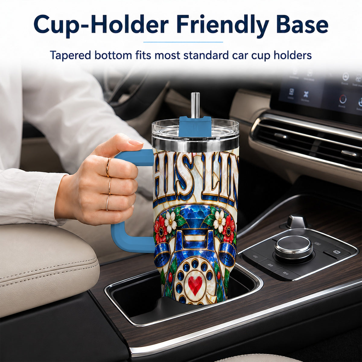 #pl[40oz|Blue] Stained Glass Rotary Phone 40oz Tumbler with Handle, Floral Travel Cup