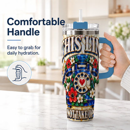 #pl[40oz|Blue] Stained Glass Rotary Phone 40oz Tumbler with Handle, Floral Travel Cup
