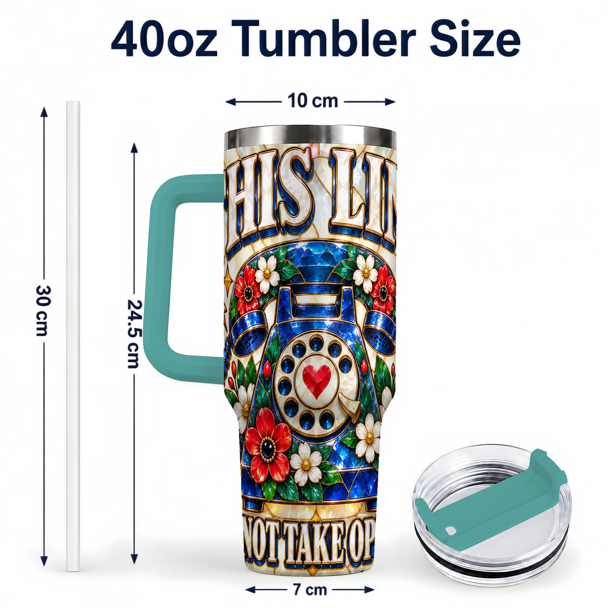 #pl[40oz|Green] Stained Glass Rotary Phone 40oz Tumbler with Handle, Floral Travel Cup
