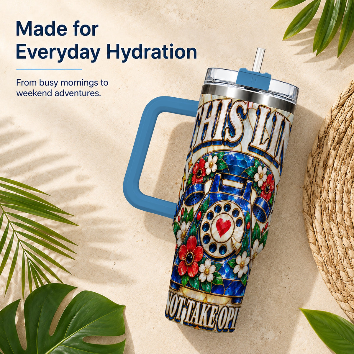 #pl[40oz|Blue] Stained Glass Rotary Phone 40oz Tumbler with Handle, Floral Travel Cup
