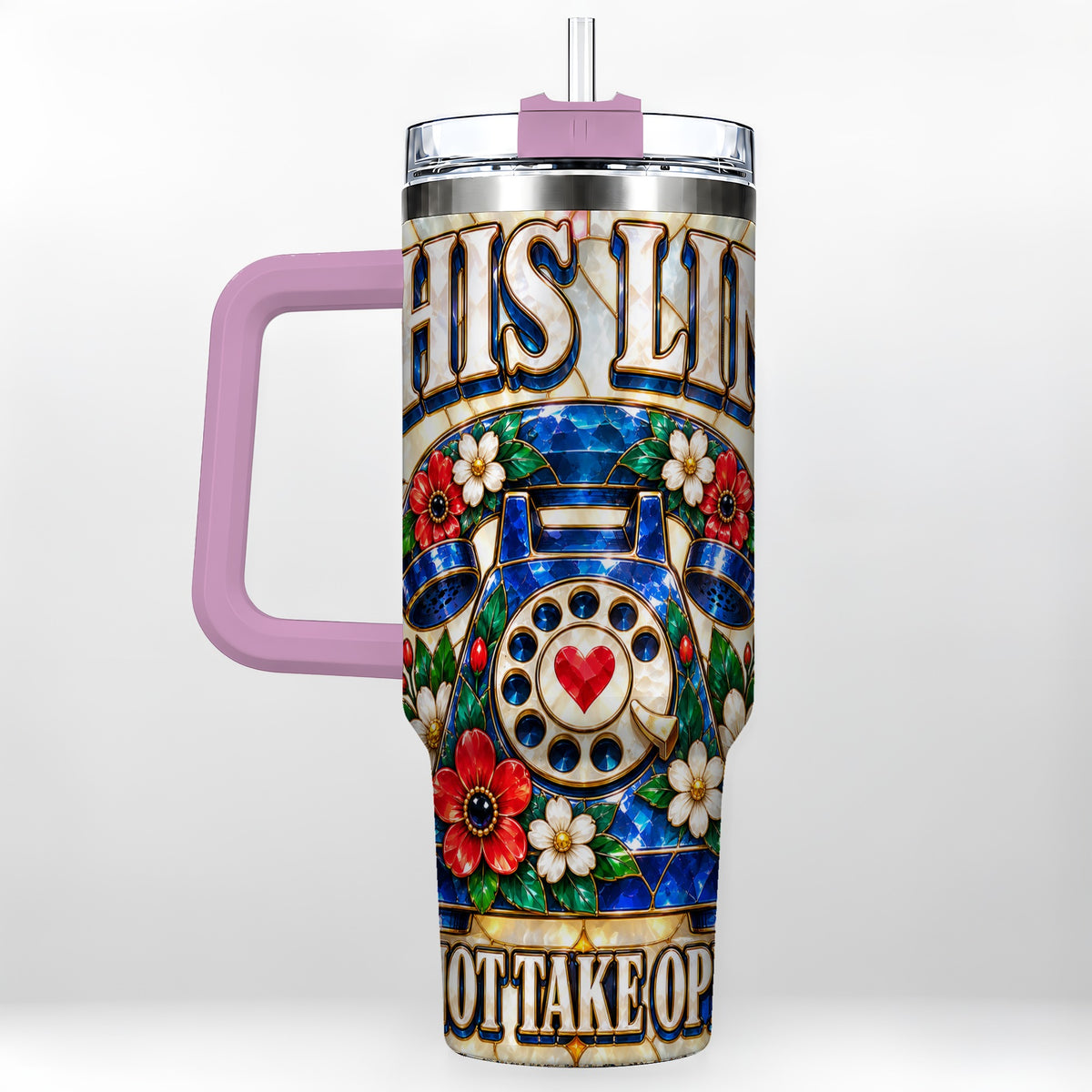 #pl[40oz|Pink] Stained Glass Rotary Phone 40oz Tumbler with Handle, Floral Travel Cup