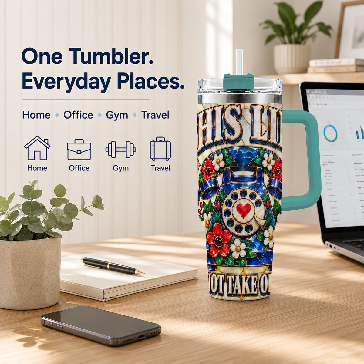 #pl[40oz|Green] Stained Glass Rotary Phone 40oz Tumbler with Handle, Floral Travel Cup