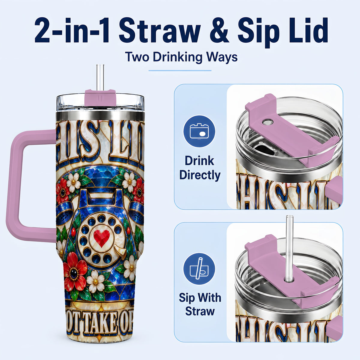#pl[40oz|Pink] Stained Glass Rotary Phone 40oz Tumbler with Handle, Floral Travel Cup