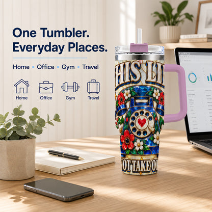 #pl[40oz|Pink] Stained Glass Rotary Phone 40oz Tumbler with Handle, Floral Travel Cup