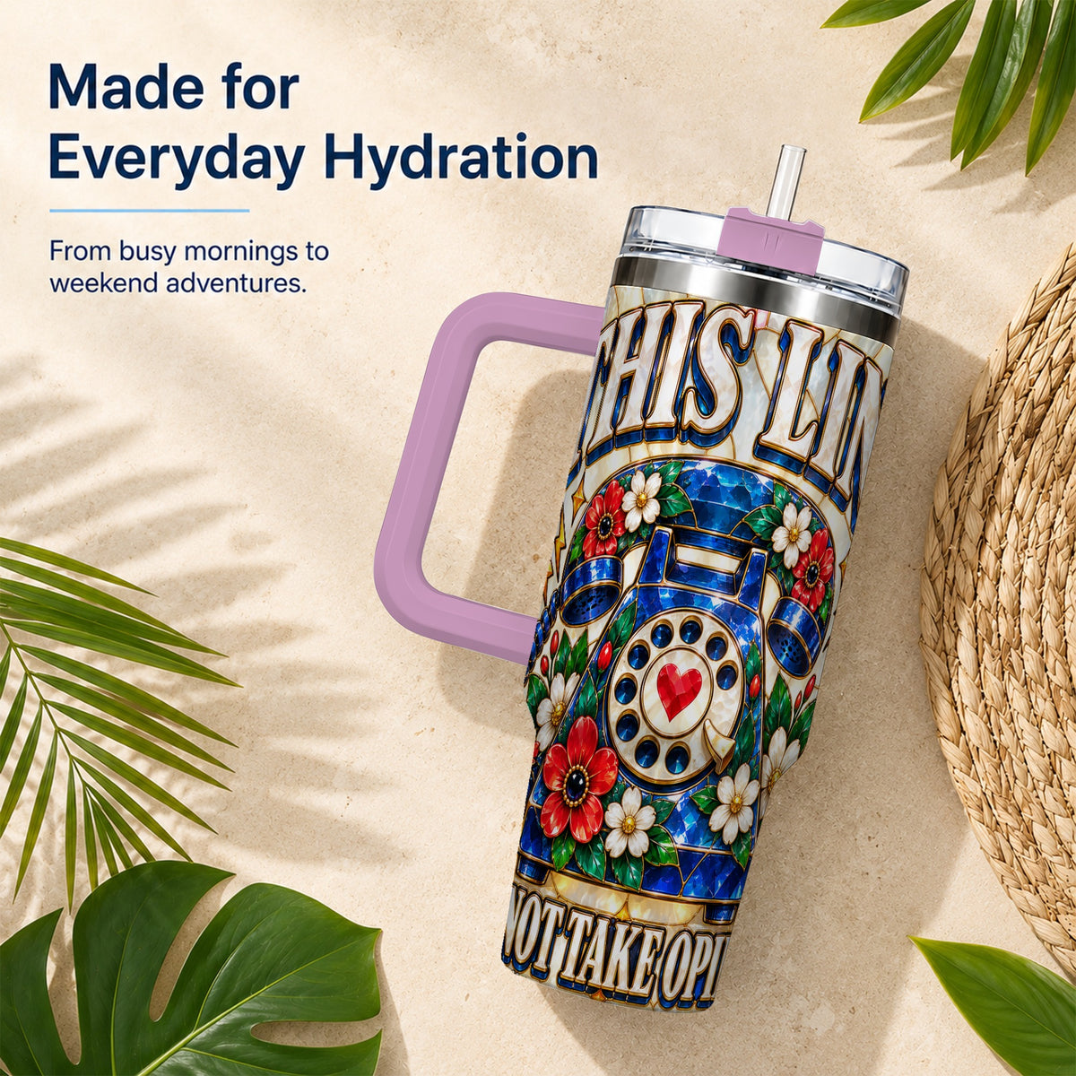 #pl[40oz|Pink] Stained Glass Rotary Phone 40oz Tumbler with Handle, Floral Travel Cup