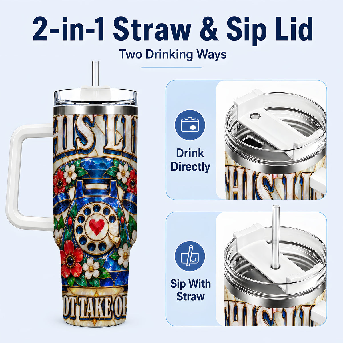 #pl[40oz|White] Stained Glass Rotary Phone 40oz Tumbler with Handle, Floral Travel Cup