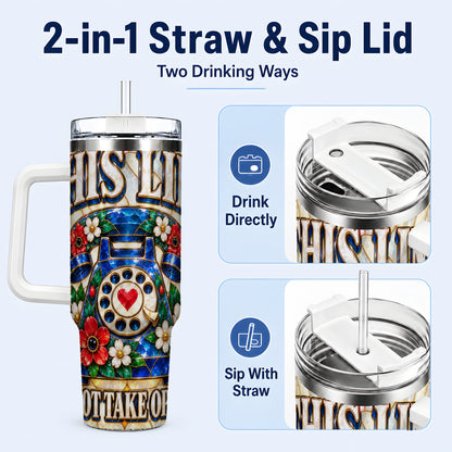 #pl[40oz|White] Stained Glass Rotary Phone 40oz Tumbler with Handle, Floral Travel Cup
