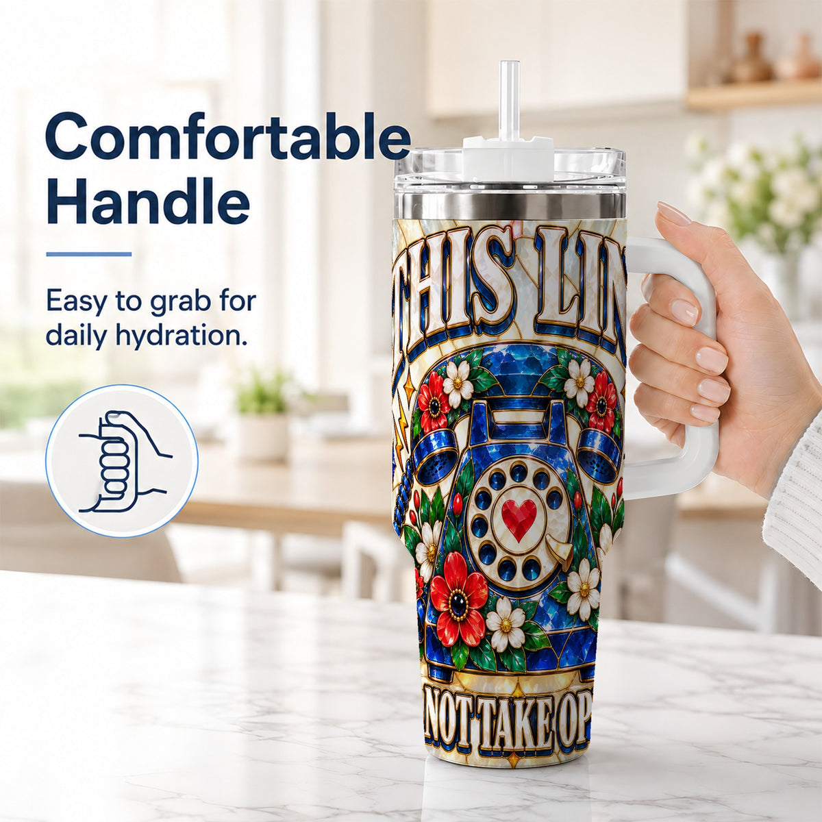 #pl[40oz|White] Stained Glass Rotary Phone 40oz Tumbler with Handle, Floral Travel Cup