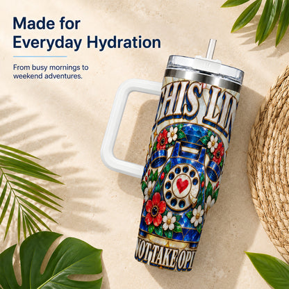 #pl[40oz|White] Stained Glass Rotary Phone 40oz Tumbler with Handle, Floral Travel Cup