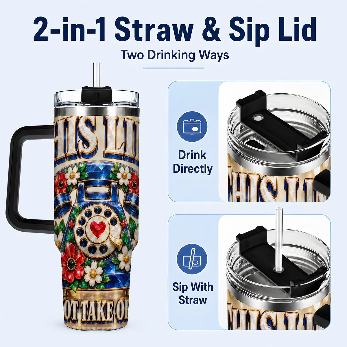 #pl[40oz|Black] Gemstone Rotary Phone 40oz Tumbler with Handle, Floral Travel Cup