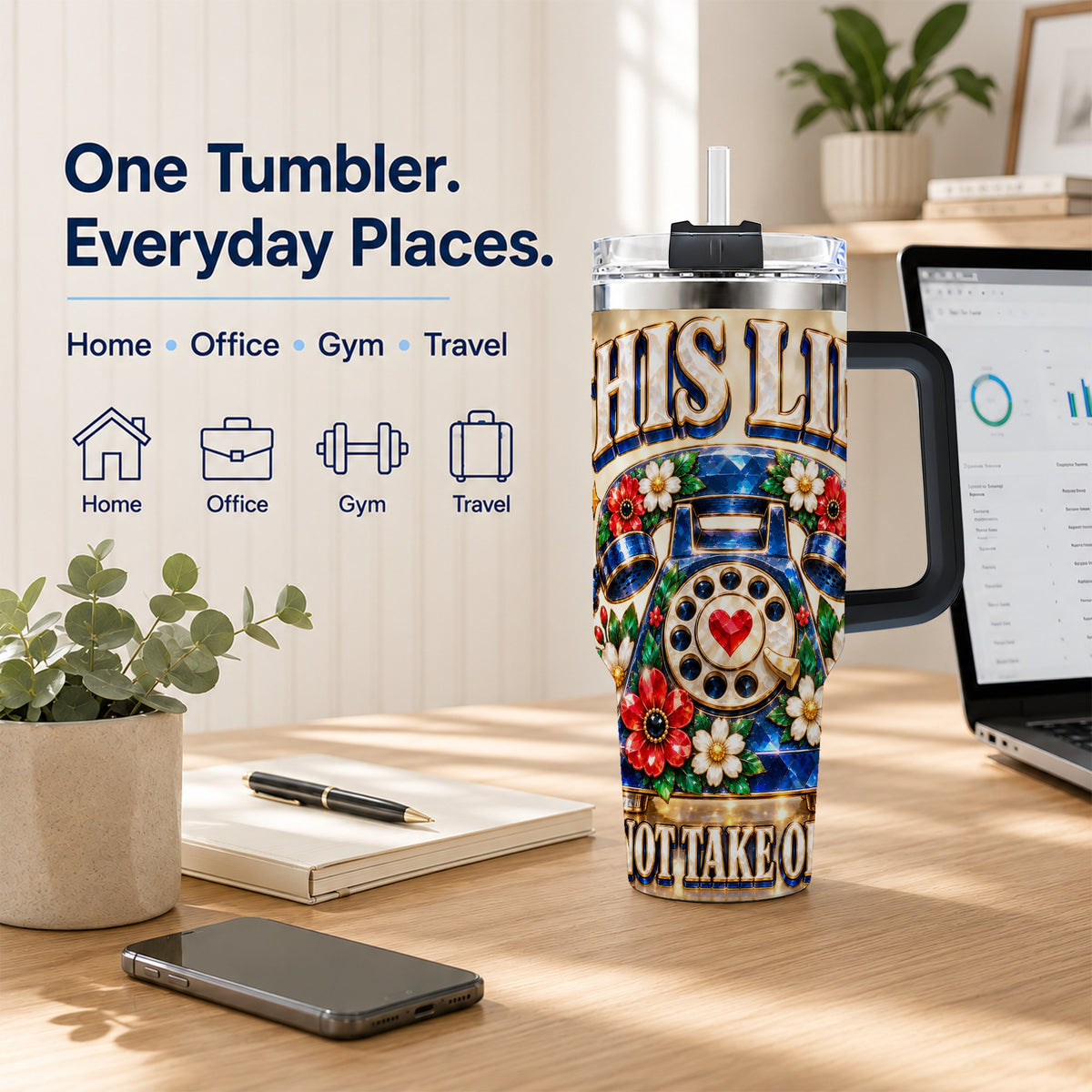 #pl[40oz|Black] Gemstone Rotary Phone 40oz Tumbler with Handle, Floral Travel Cup