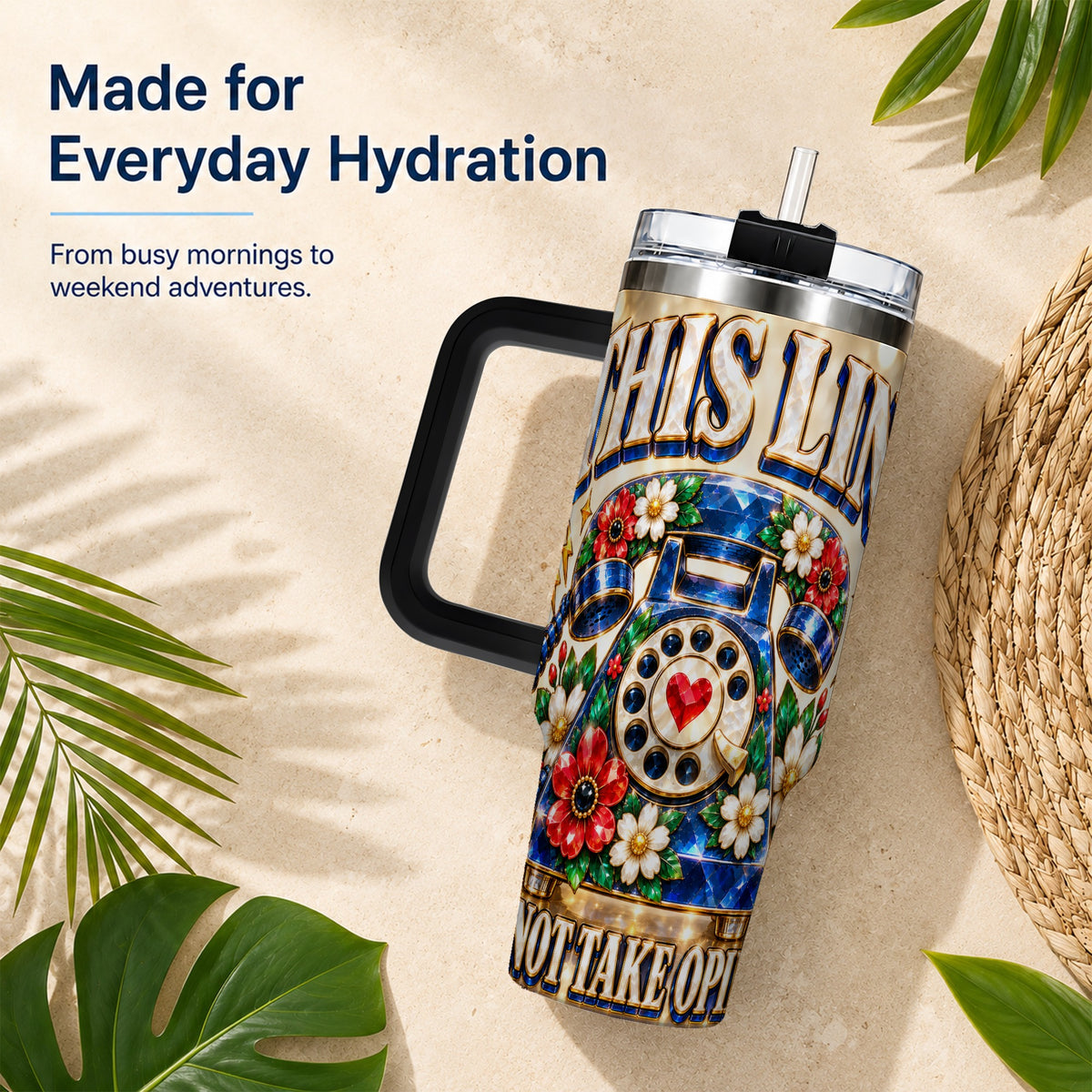 #pl[40oz|Black] Gemstone Rotary Phone 40oz Tumbler with Handle, Floral Travel Cup
