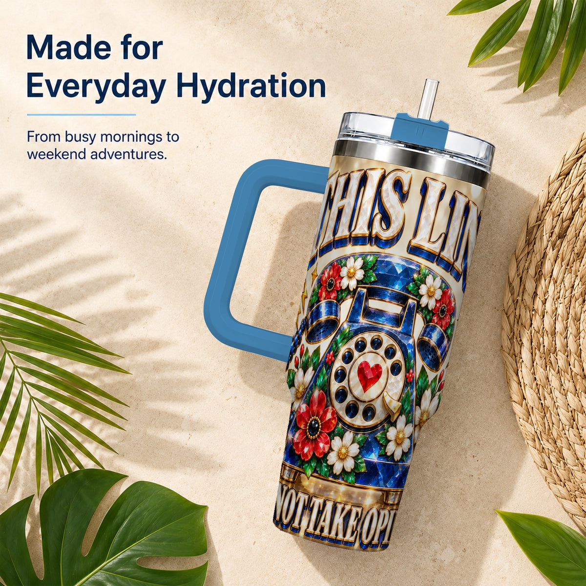 #pl[40oz|Blue] Gemstone Rotary Phone 40oz Tumbler with Handle, Floral Travel Cup