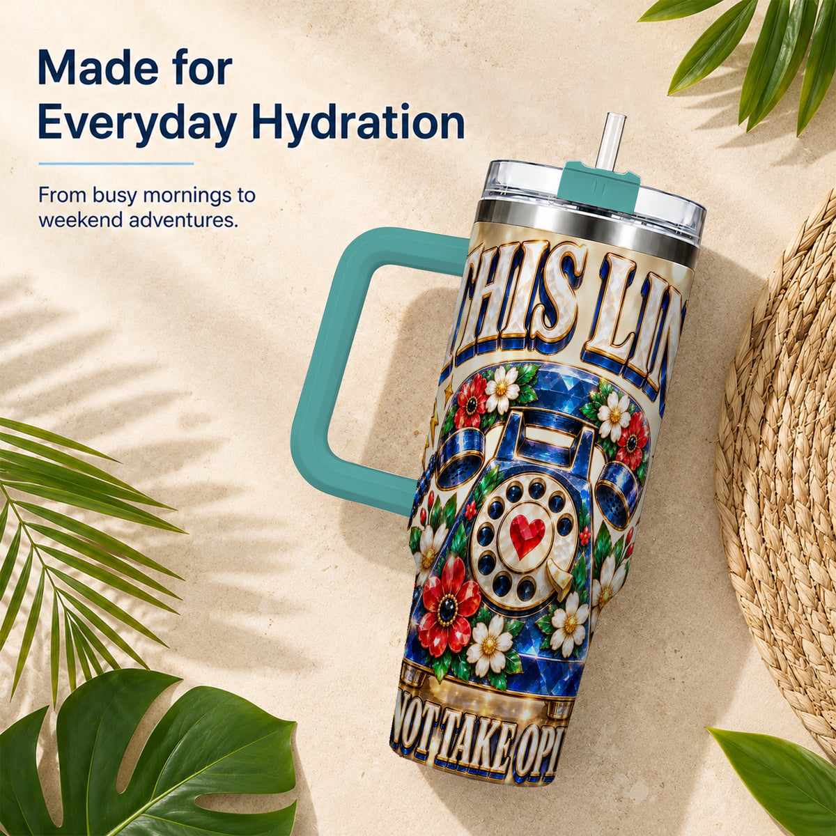 #pl[40oz|Green] Gemstone Rotary Phone 40oz Tumbler with Handle, Floral Travel Cup