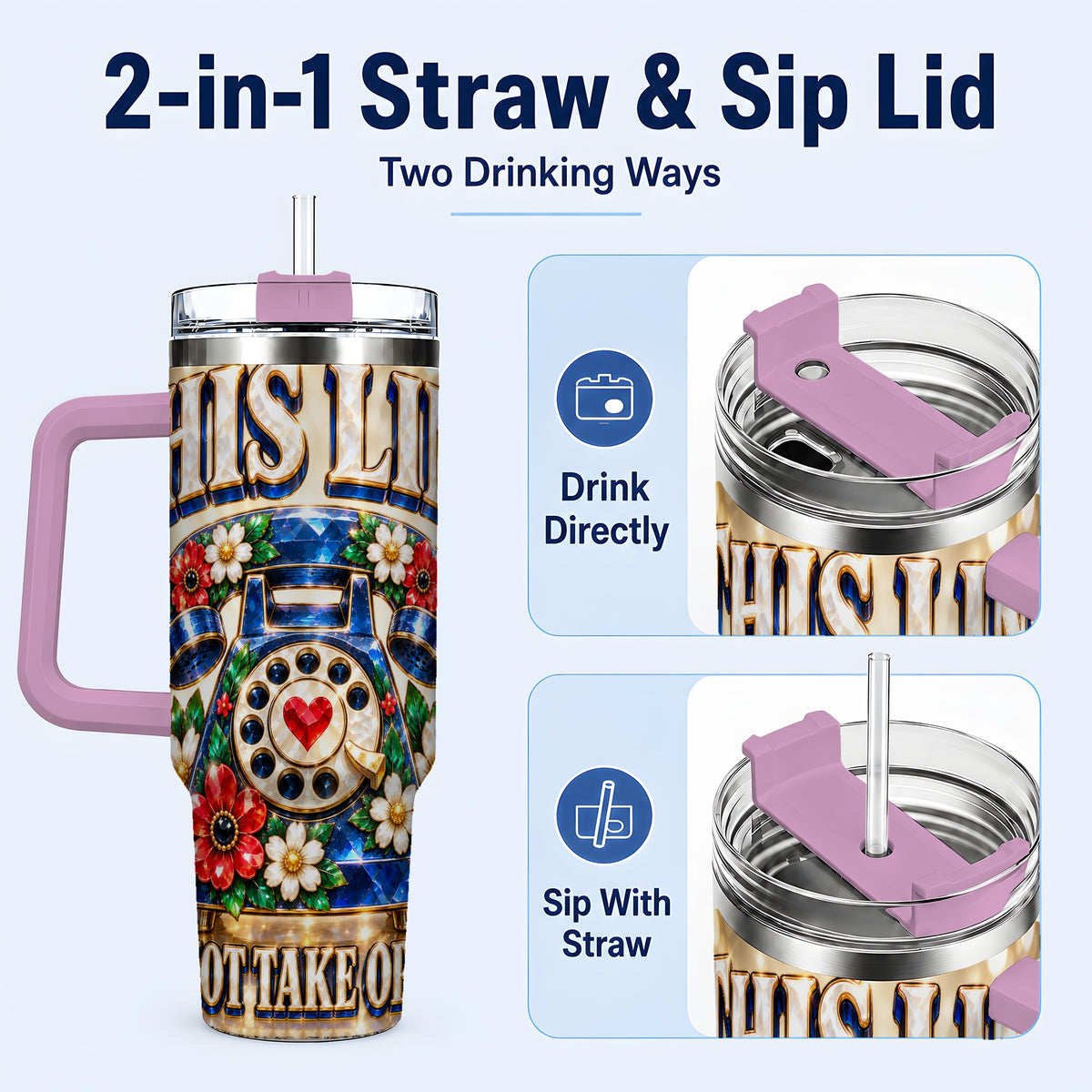 #pl[40oz|Pink] Gemstone Rotary Phone 40oz Tumbler with Handle, Floral Travel Cup
