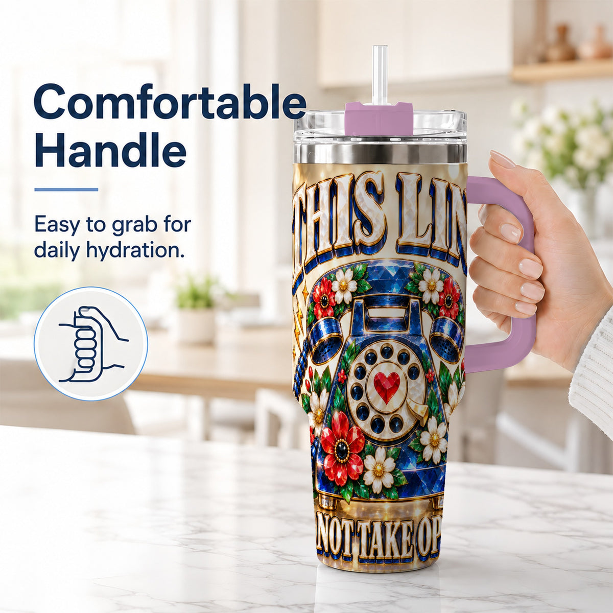 #pl[40oz|Pink] Gemstone Rotary Phone 40oz Tumbler with Handle, Floral Travel Cup
