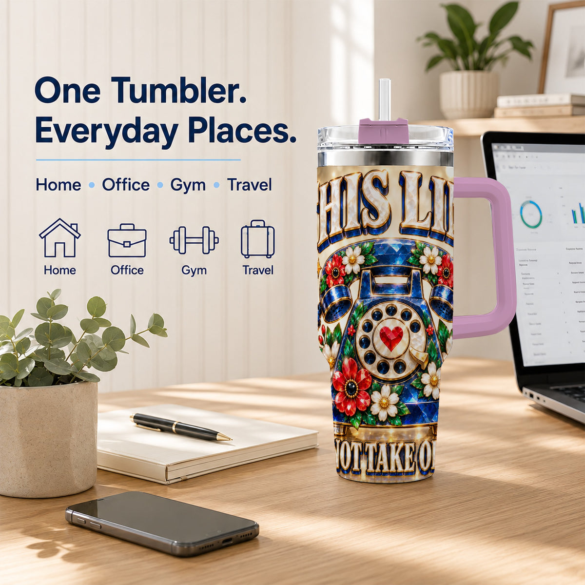 #pl[40oz|Pink] Gemstone Rotary Phone 40oz Tumbler with Handle, Floral Travel Cup
