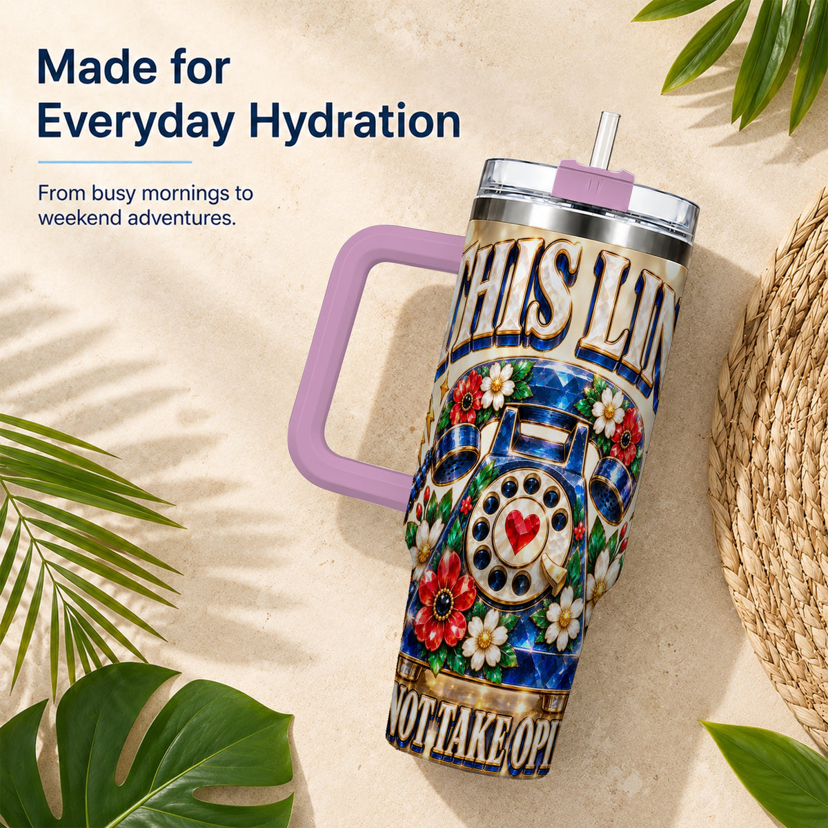#pl[40oz|Pink] Gemstone Rotary Phone 40oz Tumbler with Handle, Floral Travel Cup