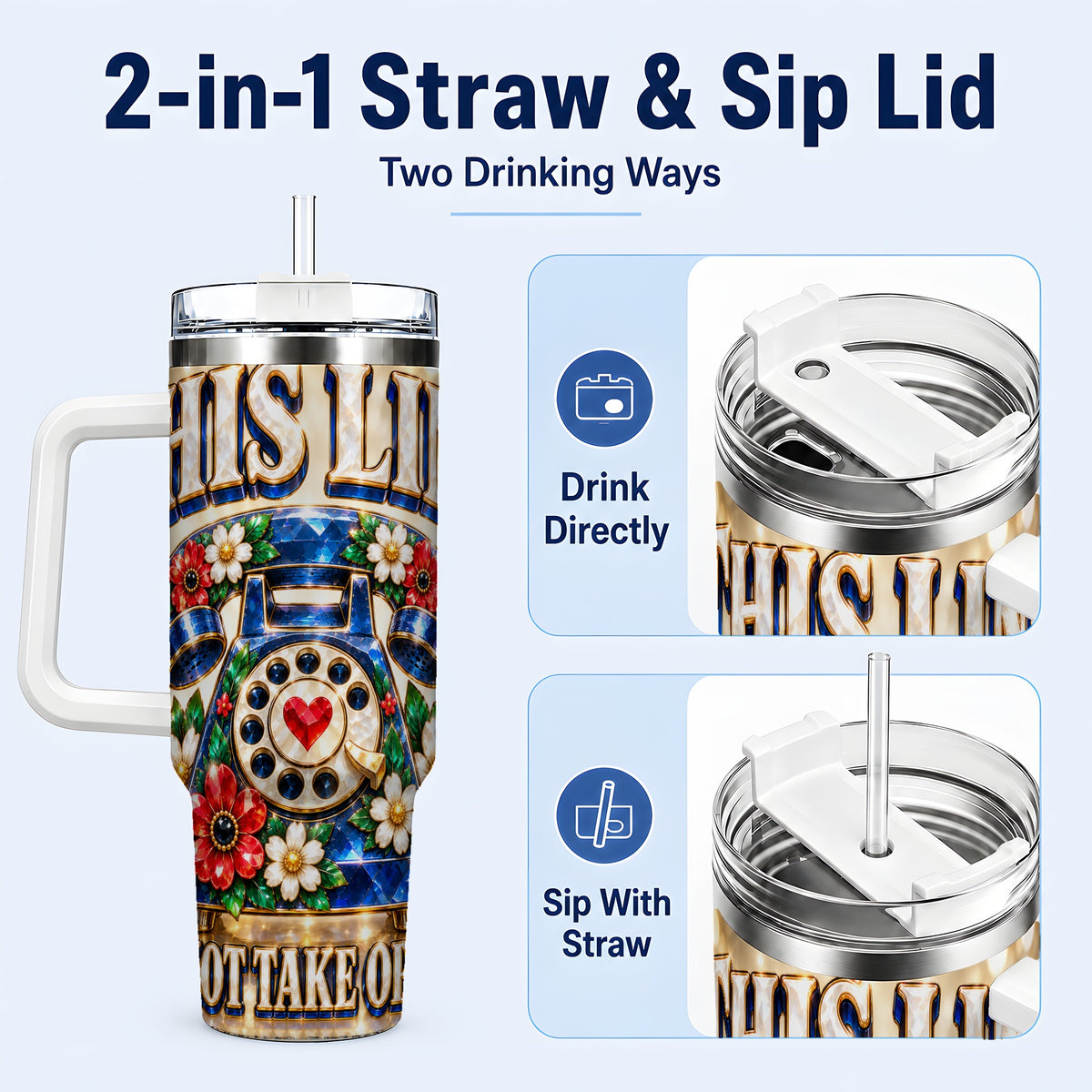 #pl[40oz|White] Gemstone Rotary Phone 40oz Tumbler with Handle, Floral Travel Cup