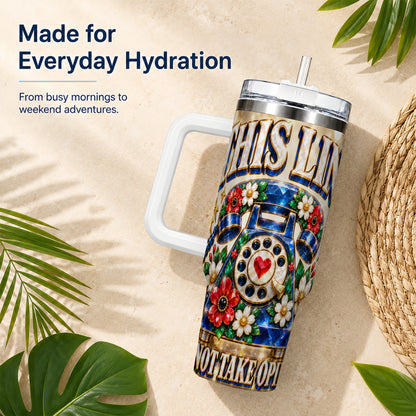 #pl[40oz|White] Gemstone Rotary Phone 40oz Tumbler with Handle, Floral Travel Cup
