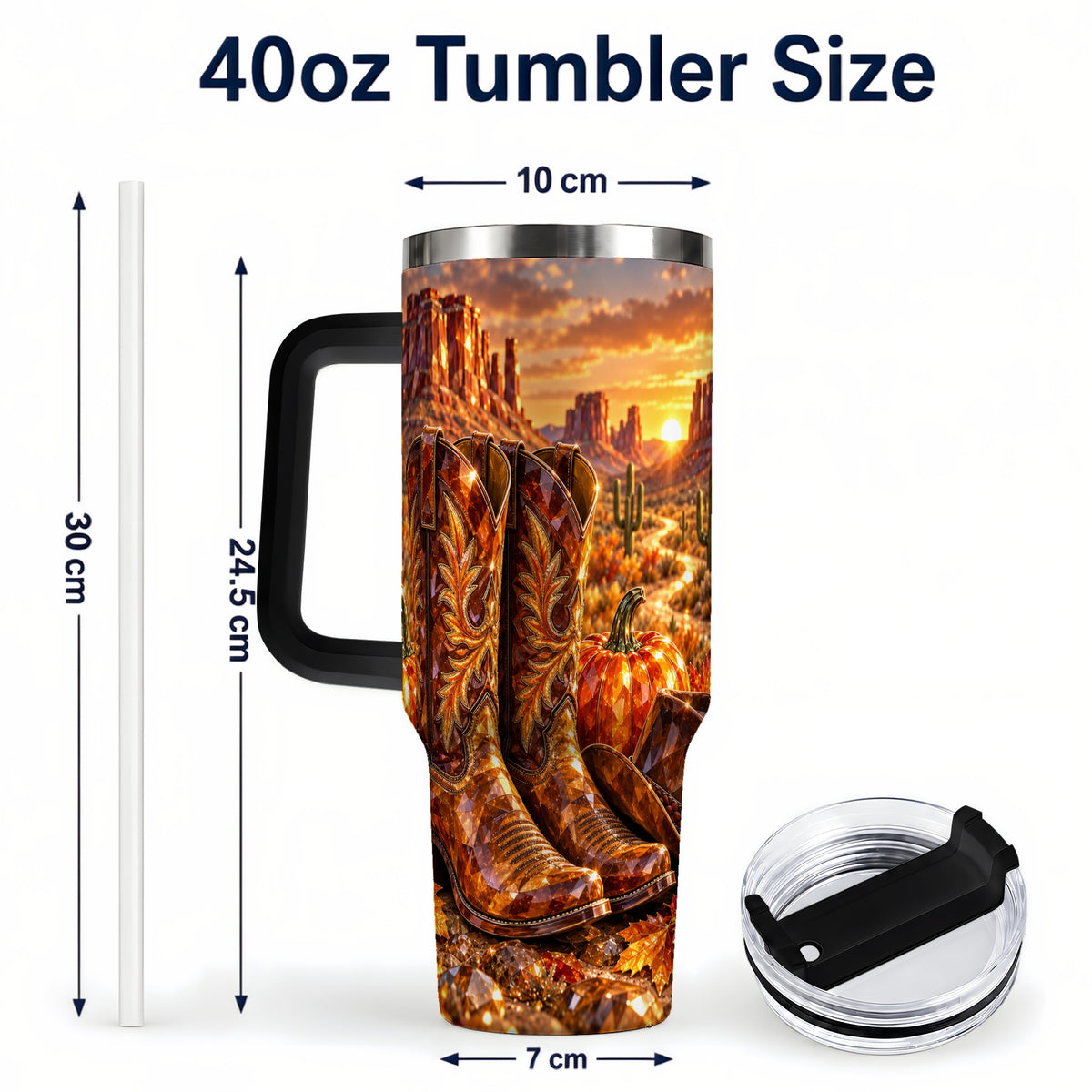 #pl[40oz|Black] Western Cowboy Boots 40oz Tumbler with Handle, Desert Travel Cup