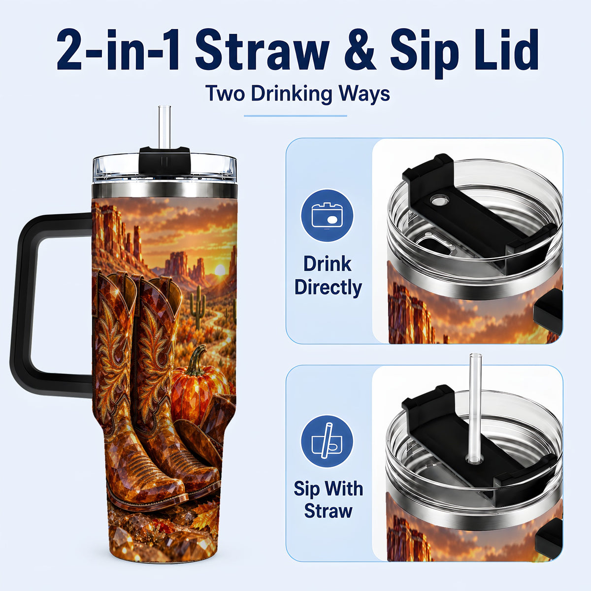 #pl[40oz|Black] Western Cowboy Boots 40oz Tumbler with Handle, Desert Travel Cup