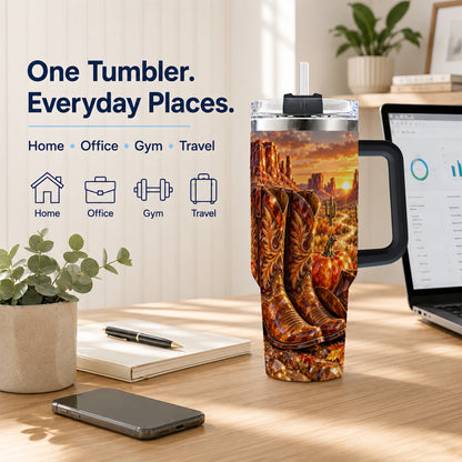 #pl[40oz|Black] Western Cowboy Boots 40oz Tumbler with Handle, Desert Travel Cup