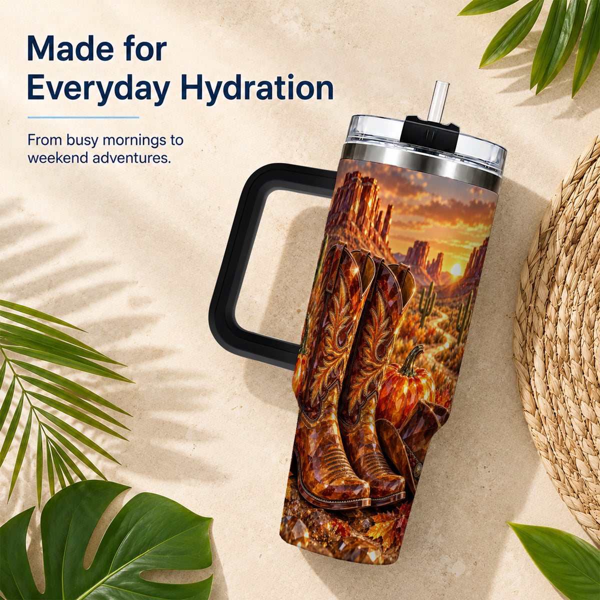 #pl[40oz|Black] Western Cowboy Boots 40oz Tumbler with Handle, Desert Travel Cup