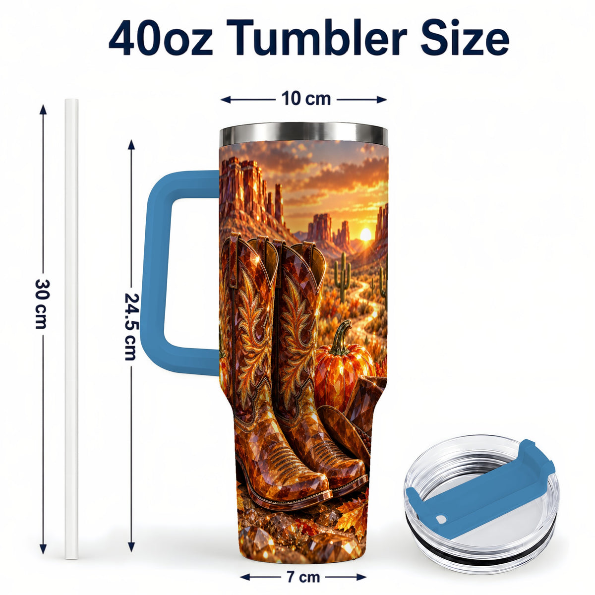 #pl[40oz|Blue] Western Cowboy Boots 40oz Tumbler with Handle, Desert Travel Cup