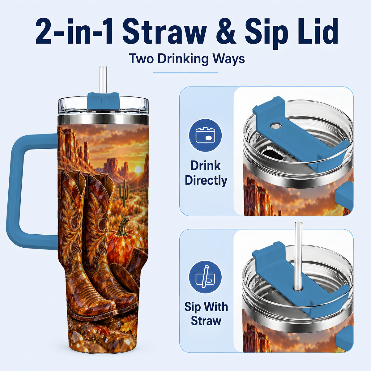 #pl[40oz|Blue] Western Cowboy Boots 40oz Tumbler with Handle, Desert Travel Cup