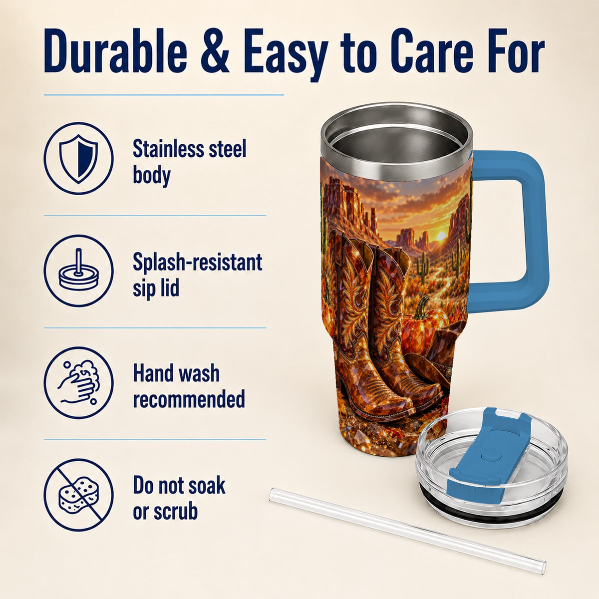 #pl[40oz|Blue] Western Cowboy Boots 40oz Tumbler with Handle, Desert Travel Cup