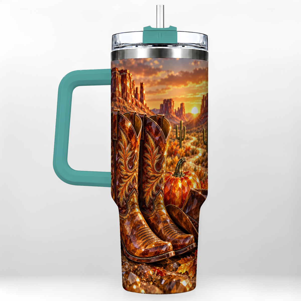 #pl[40oz|Green] Western Cowboy Boots 40oz Tumbler with Handle, Desert Travel Cup