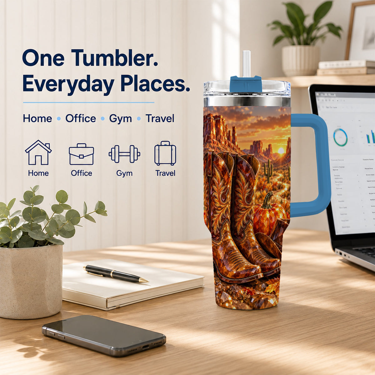 #pl[40oz|Blue] Western Cowboy Boots 40oz Tumbler with Handle, Desert Travel Cup