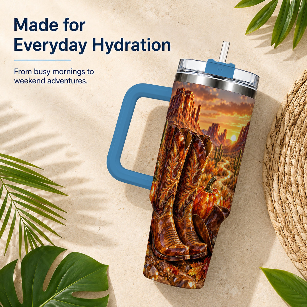 #pl[40oz|Blue] Western Cowboy Boots 40oz Tumbler with Handle, Desert Travel Cup