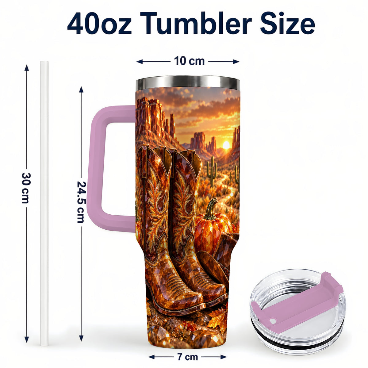 #pl[40oz|Pink] Western Cowboy Boots 40oz Tumbler with Handle, Desert Travel Cup